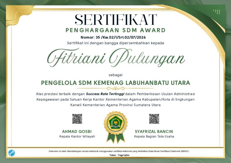 Pegawai Kemenag Labura Raih Penghargaan Pengelola SDM Award 2026