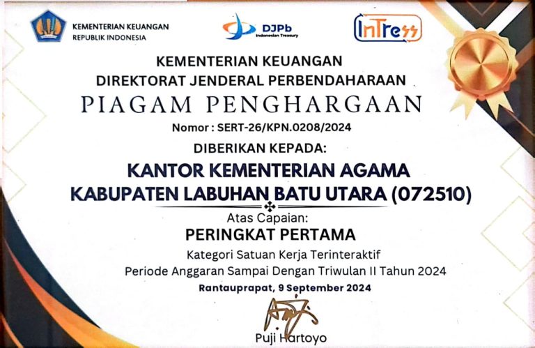 Kemenag Labura Raih Peringkat Pertama Satuan Kerja Terinteraktif Tahun 2024