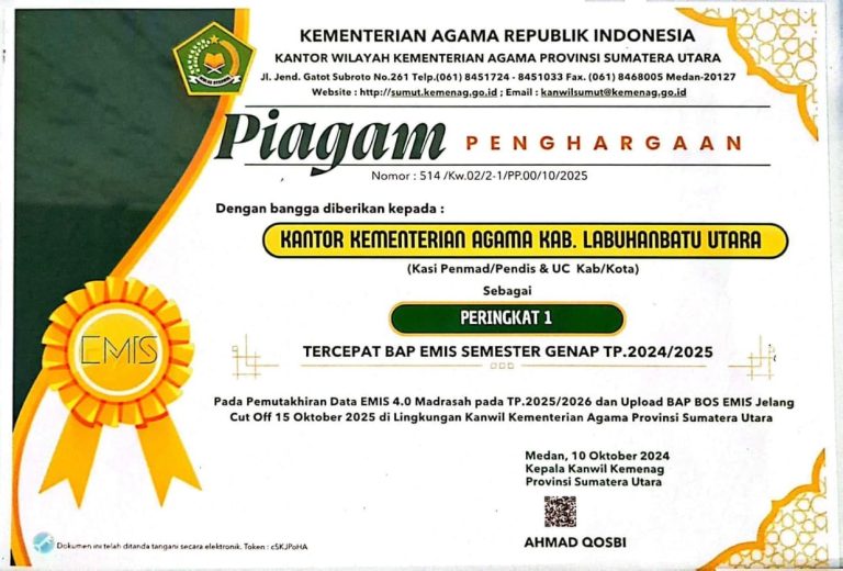 Kemenag Labura Raih Peringkat I Percepatan Pemutakhiran Data EMIS Madrasah